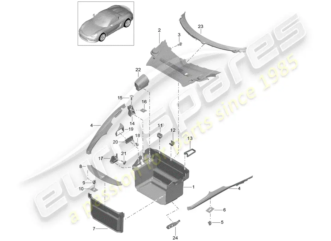 porsche 2016 (981 boxster spyder) compartimiento de equipaje diagrama de piezas