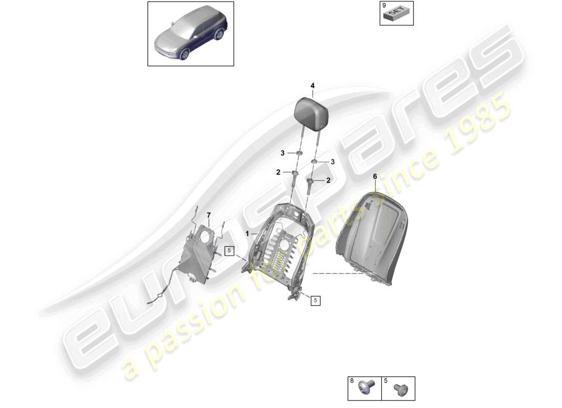 porsche 2024 (cayenne e3 9ya/9yb) estructura del respaldo carcasa del respaldo asiento cómodo diagrama de piezas