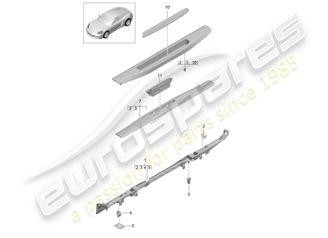 porsche 2026 (718 cayman) diagrama de piezas del umbral interior de la moldura
