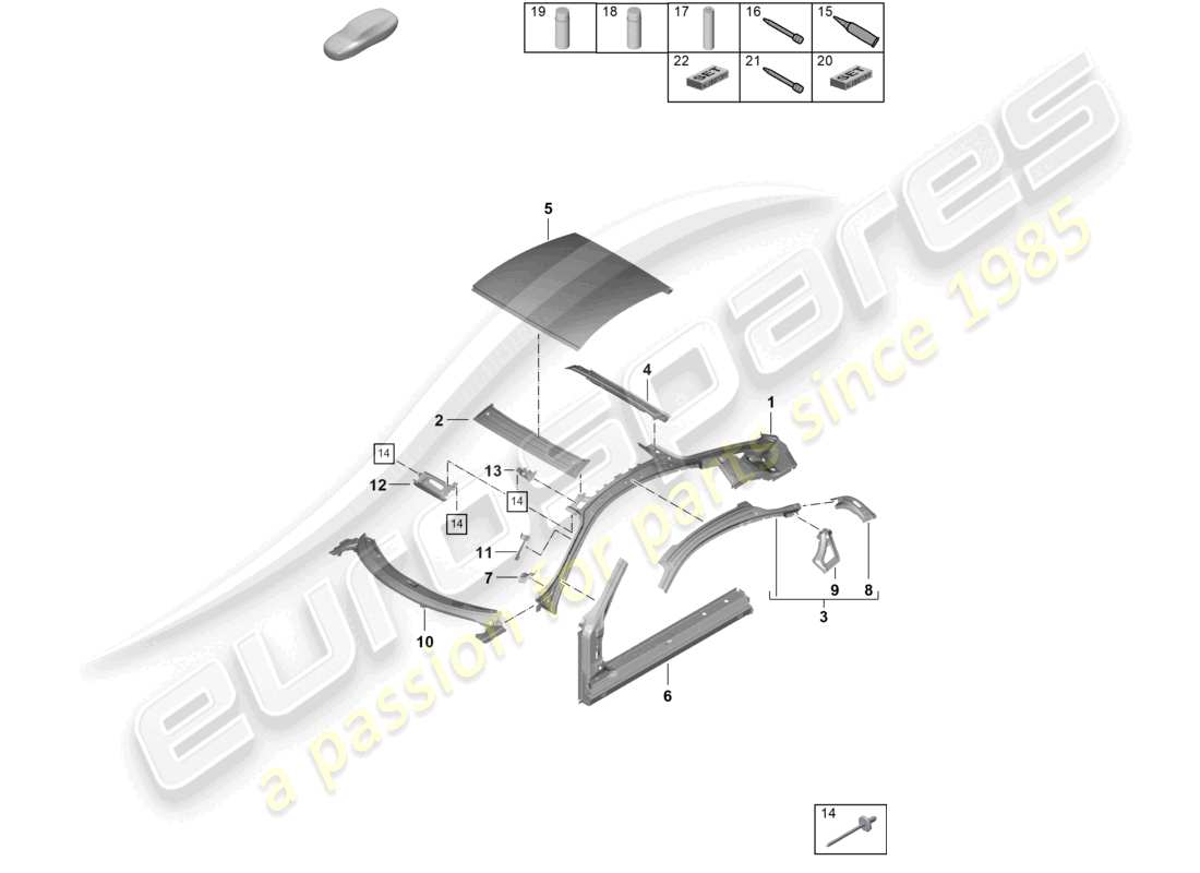 porsche 2026 (718 cayman gt4) diagrama de piezas de la trampilla del techo