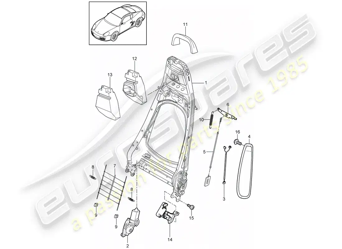 porsche 2012 (987 cayman) marco del respaldo diagrama de piezas