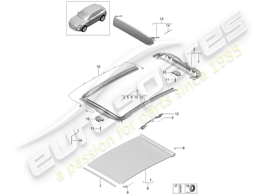 porsche 2019 (macan) techo de cristal diagrama de piezas