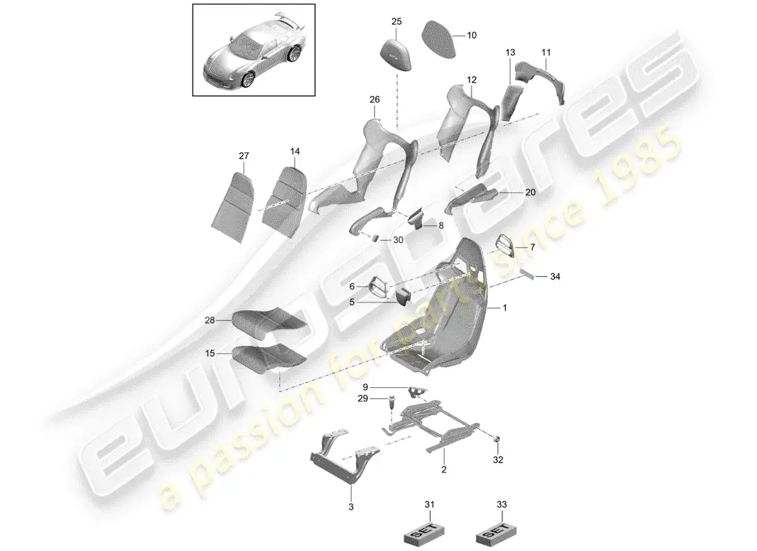 porsche 2018 (991-2 r/gt3/rs) asiento diagrama de piezas