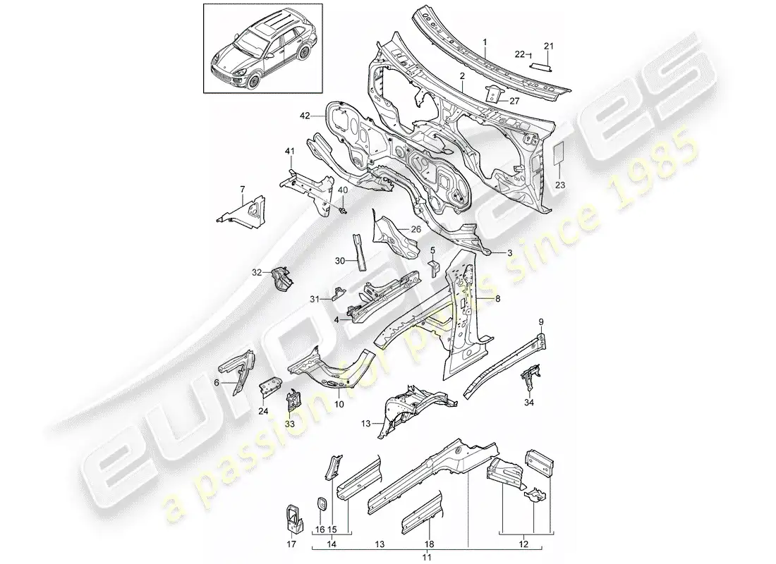 porsche 2013 (cayenne e2 92a) diagrama de piezas del extremo delantero