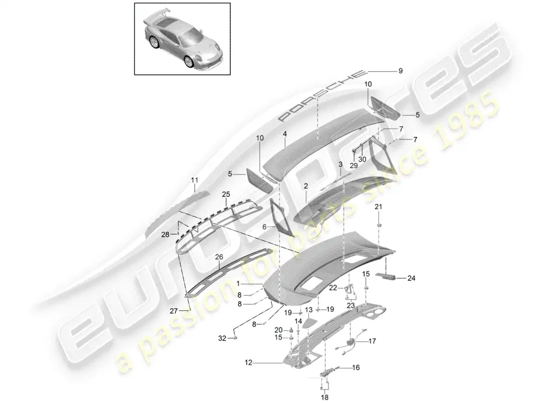 porsche 2017 (991-2 turbo) tapa del maletero trasero diagrama de piezas