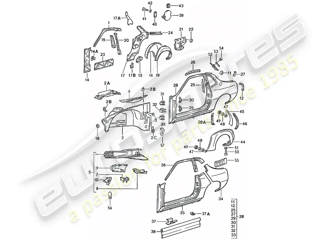 porsche 1985 (924) panel lateral diagrama de piezas
