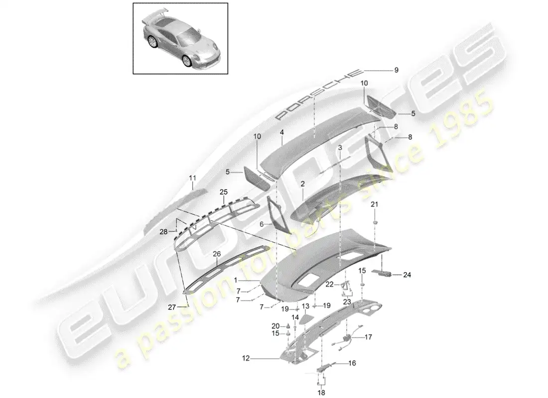 porsche 2014 (991-1 turbo) tapa del maletero trasero diagrama de piezas