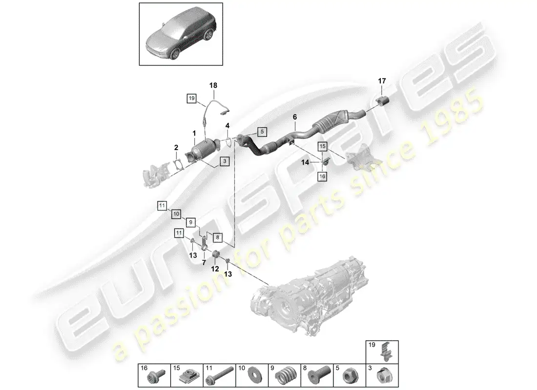 porsche 2018 (cayenne e3 9ya/9yb) sistema de escape diagrama de piezas