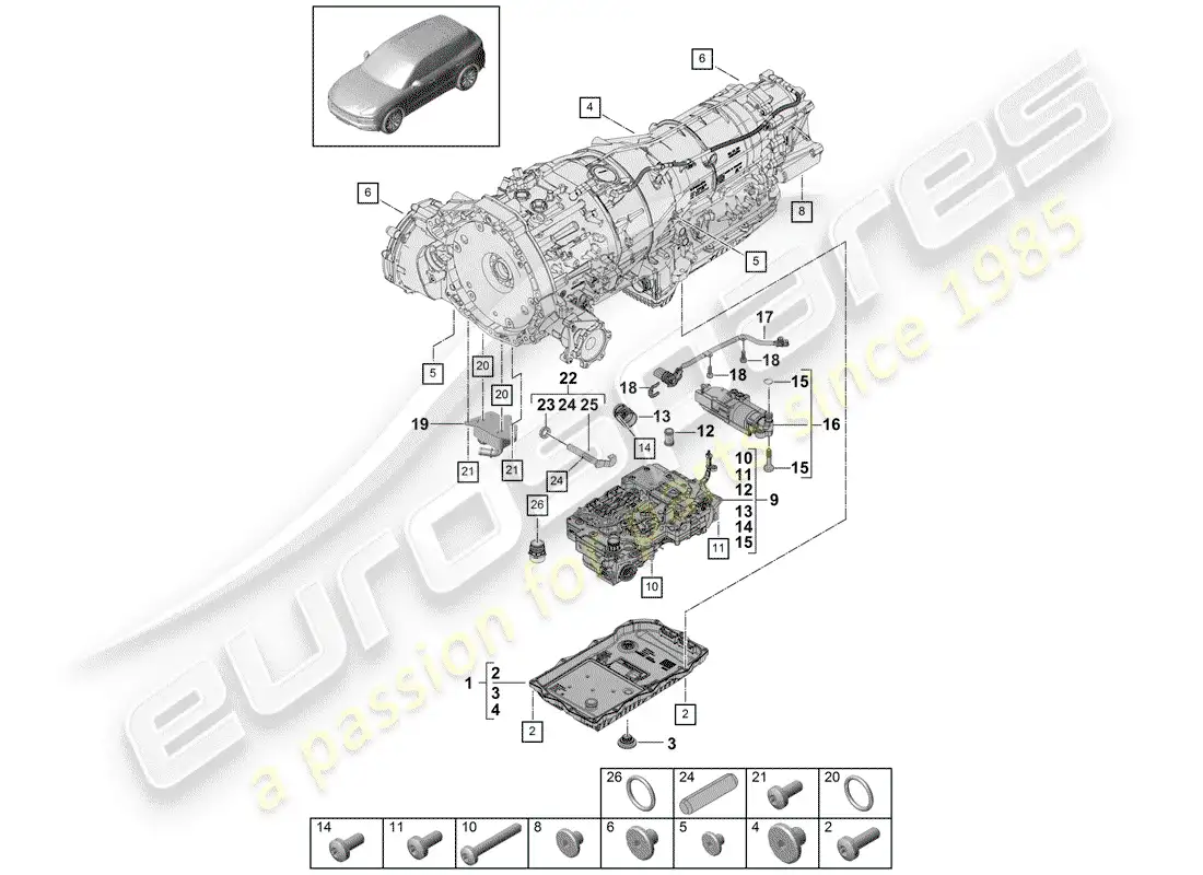porsche 2018 (cayenne e3 9ya/9yb) 8-speed caja de cambios automática diagrama de piezas