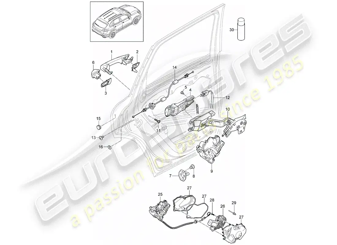 porsche 2013 (cayenne e2 92a) diagrama de piezas de la manija de la puerta