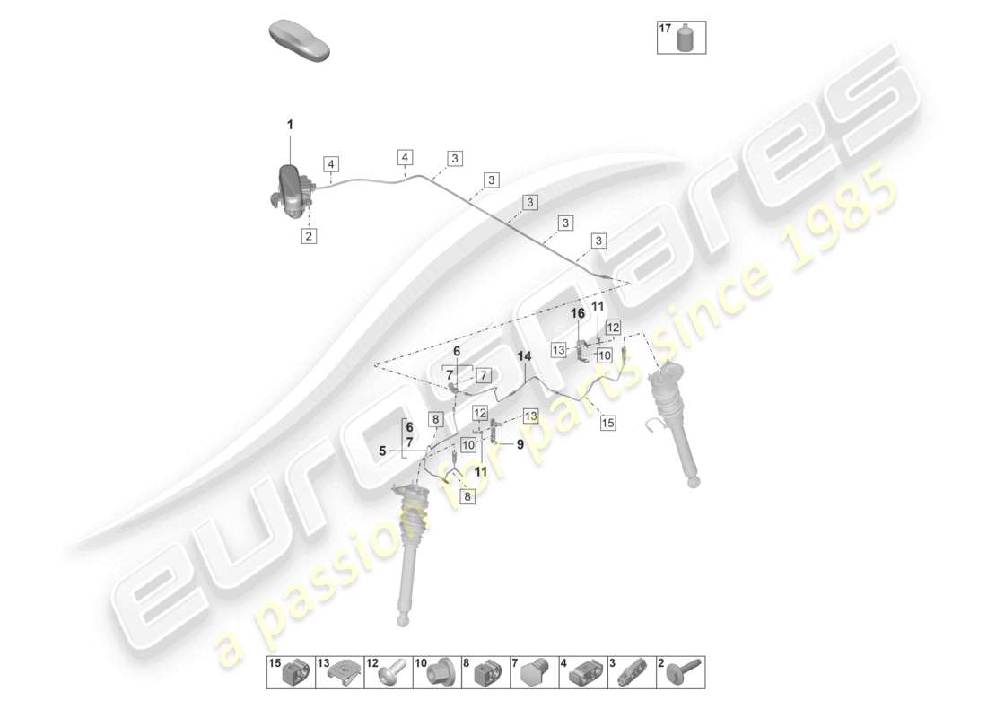 porsche 2021 (992-1 gt3/rs/st) diagrama de piezas de la línea hidráulica de suspensión adaptativa