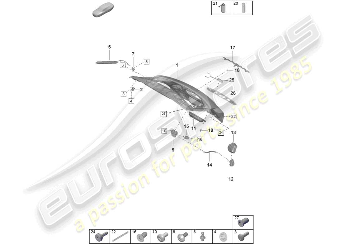 porsche 2022 (panamera 971-2) diagrama de piezas de la tapa trasera de la cubierta trasera