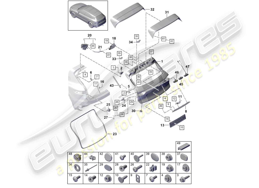 porsche 2024 (cayenne e3 9ya/9yb) rear lid diagrama de piezas