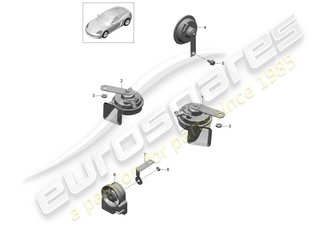 porsche 2023 (718 cayman) diagrama de piezas del sistema de alarma con bocina de señal de fanfarria