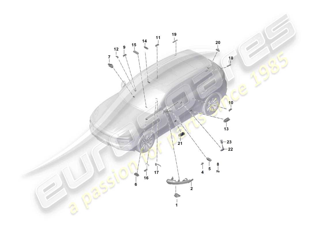 porsche 2024 (cayenne e3 9ya/9yb) iluminación interior lámpara del maletero luz de advertencia de la puerta luz del espacio para los pies luz retrovisor exterior diagrama de piezas