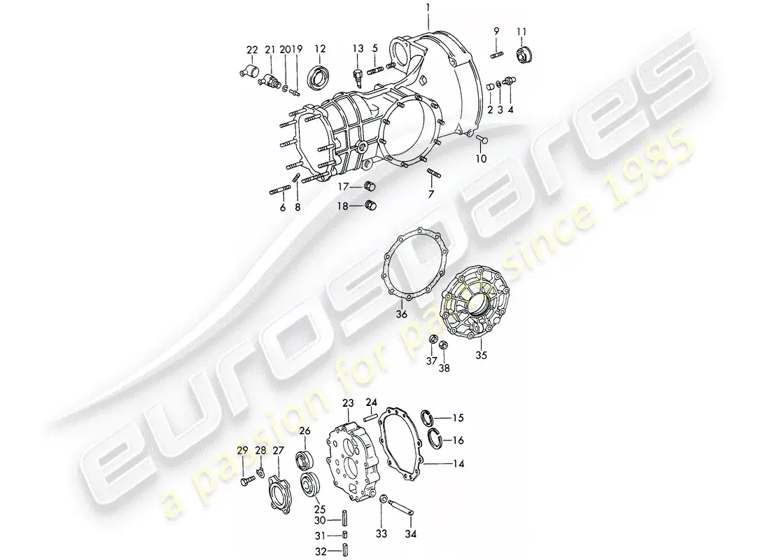 porsche 1965 (911/912) transmisión de repuesto - caja de transmisión - fundición enfriada diagrama de piezas