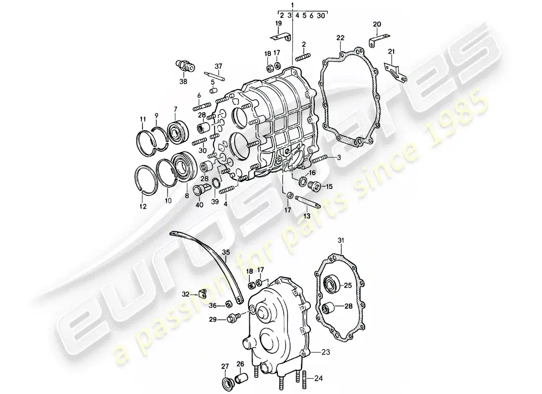 porsche 1988 (911) carcasa de engranajes - tapa de la transmisión diagrama de piezas