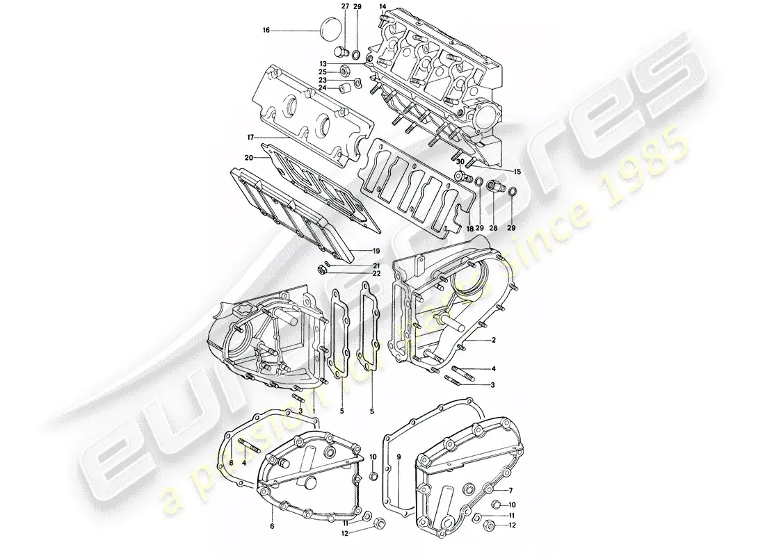 porsche 1970 (914) caja de cadena - carcasa del árbol de levas diagrama de piezas