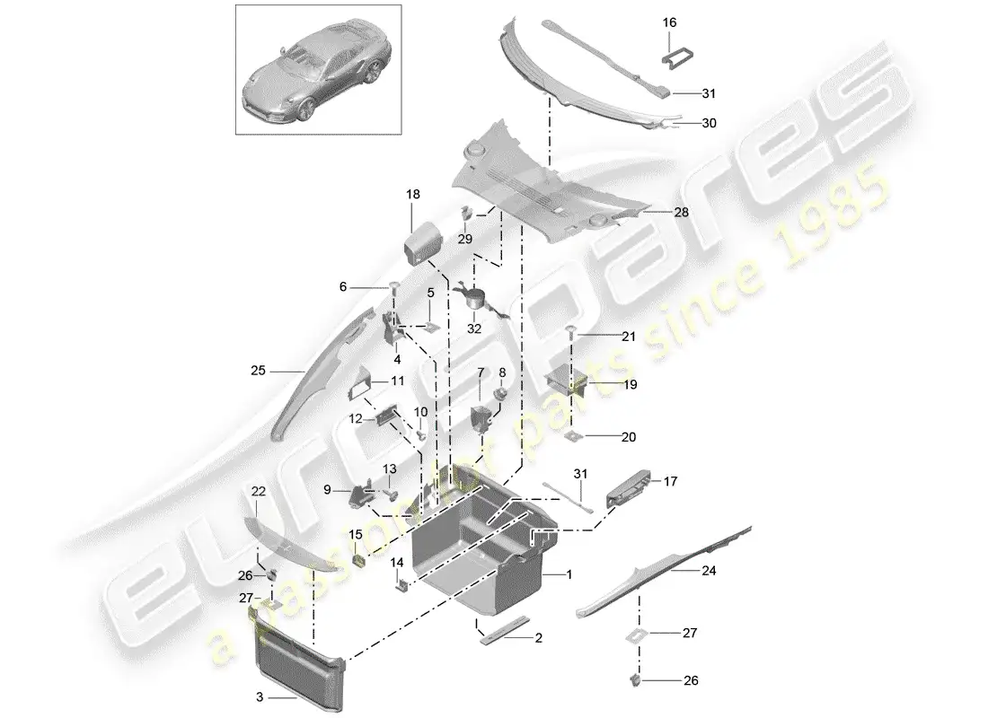 porsche 2015 (991-1 turbo) forro de bota diagrama de piezas
