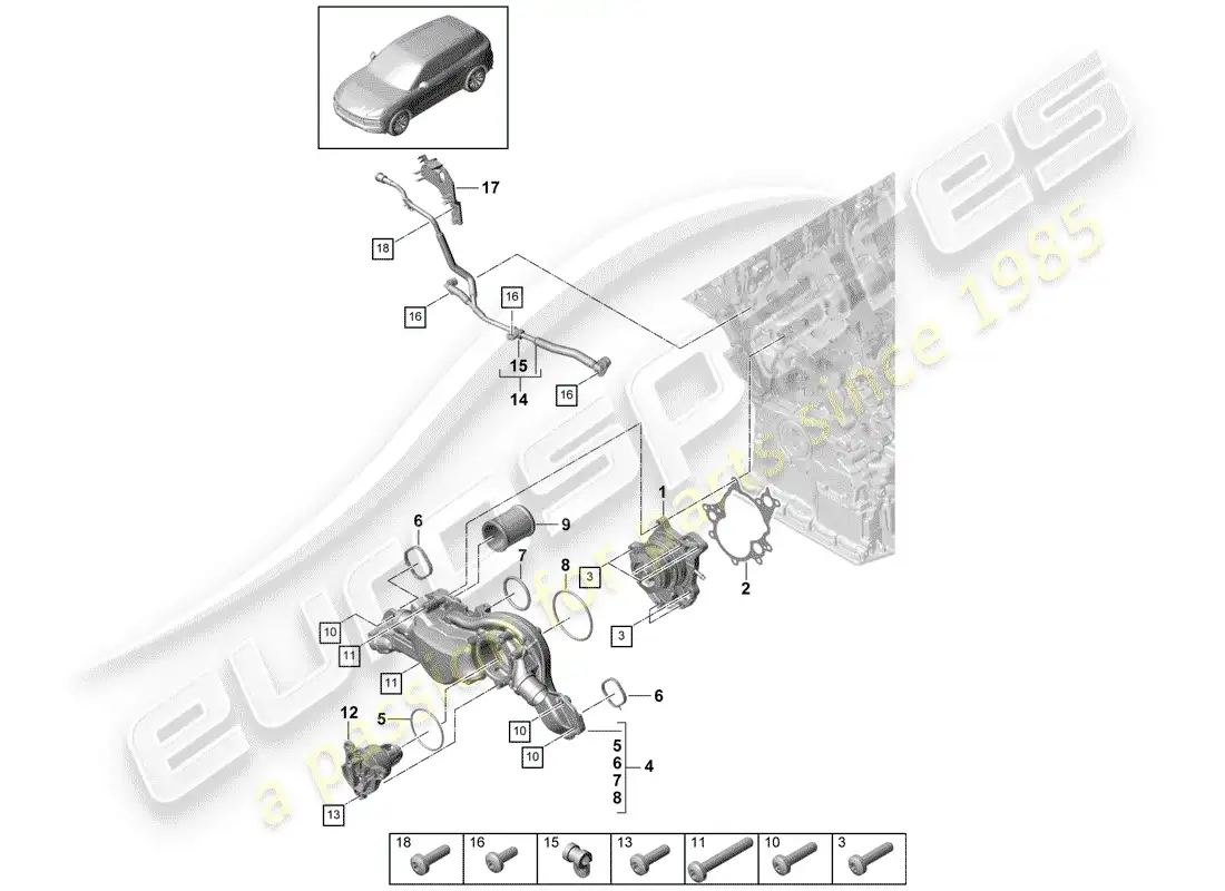 porsche 2018 (cayenne e3 9ya/9yb) bomba de agua diagrama de piezas
