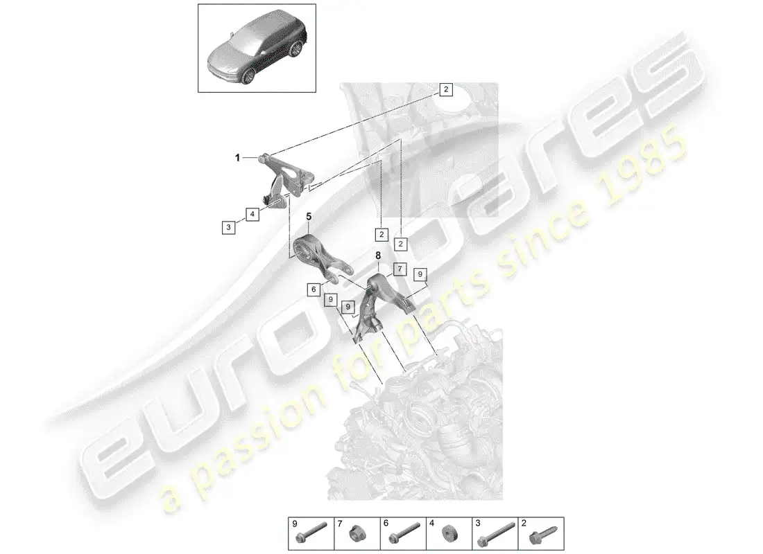 porsche 2018 (cayenne e3 9ya/9yb) dispositivo de elevación del motor diagrama de piezas