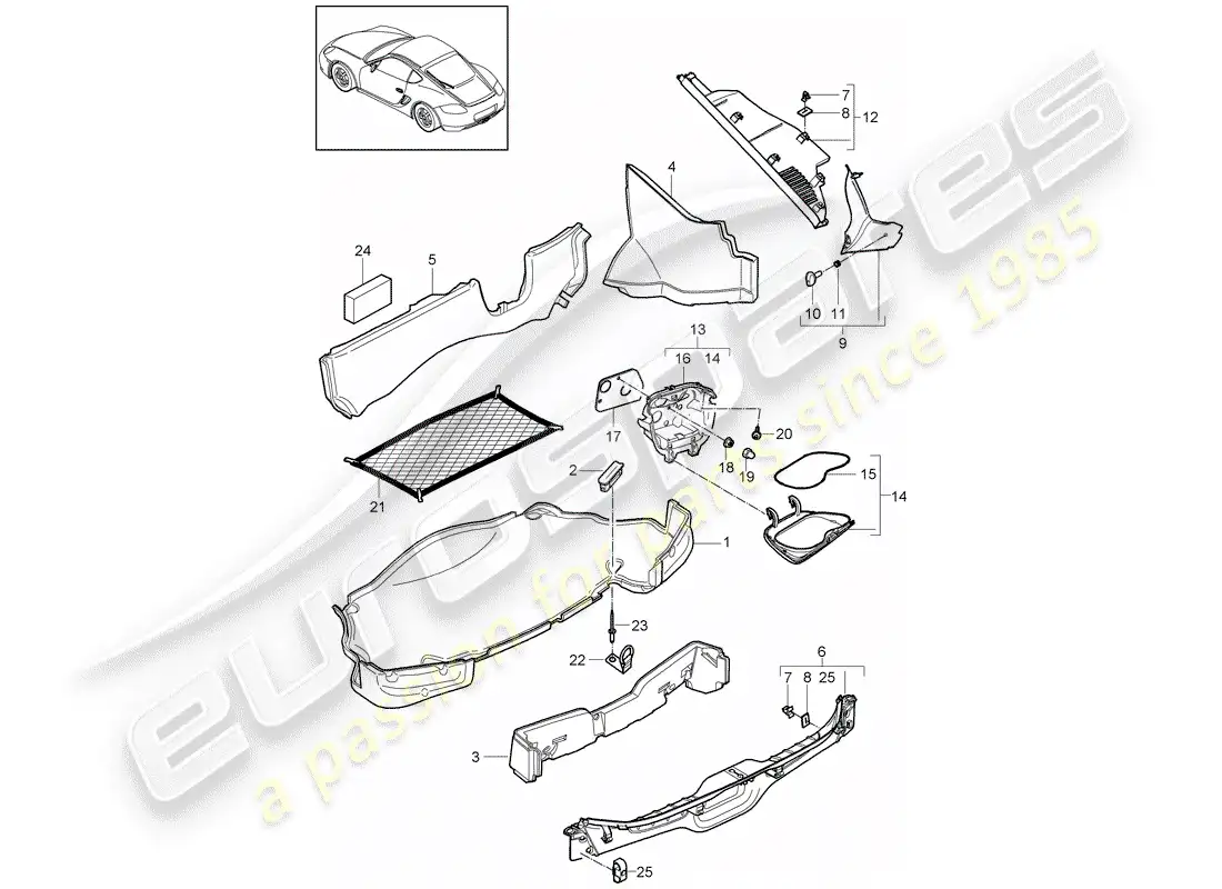 porsche 2012 (987 cayman) compartimiento de equipaje diagrama de piezas