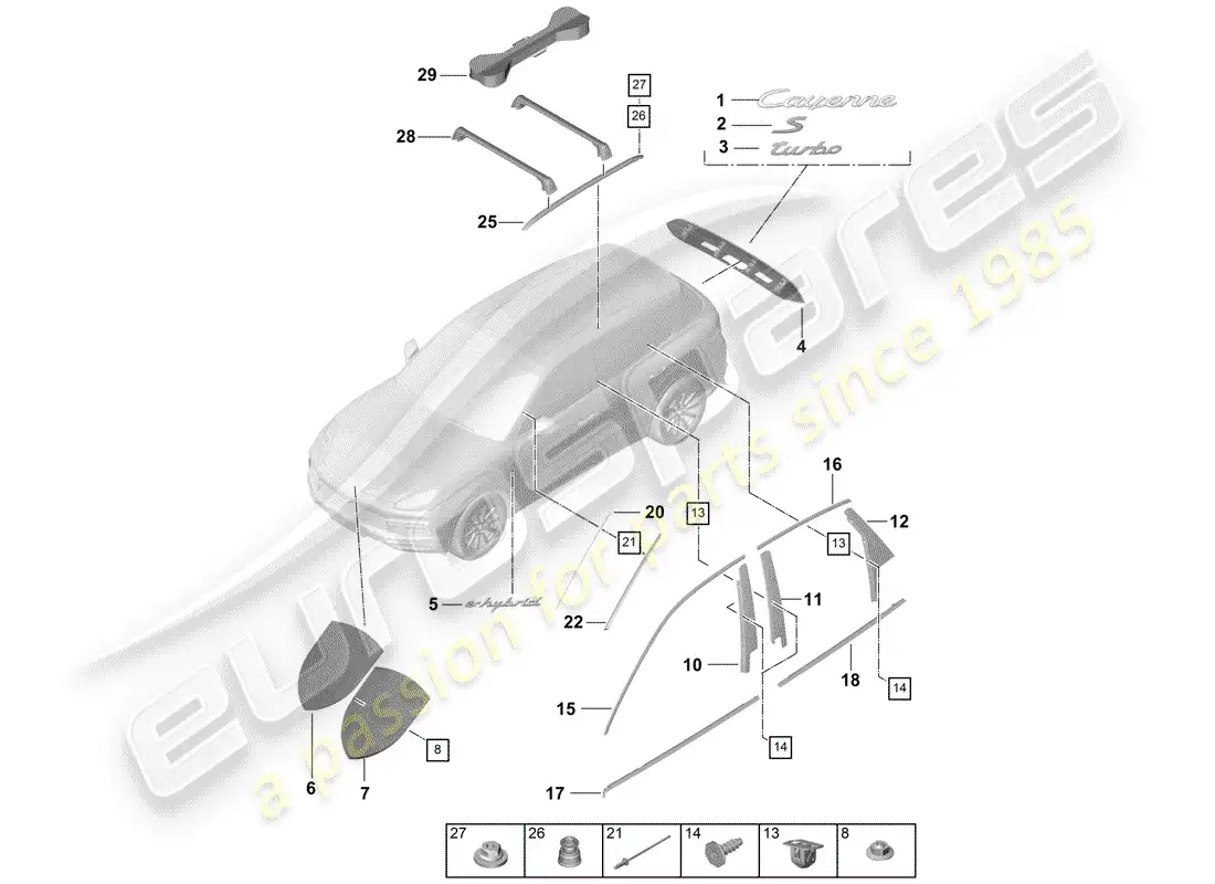 porsche 2019 (cayenne e3 9ya/9yb) placas de identificación diagrama de piezas
