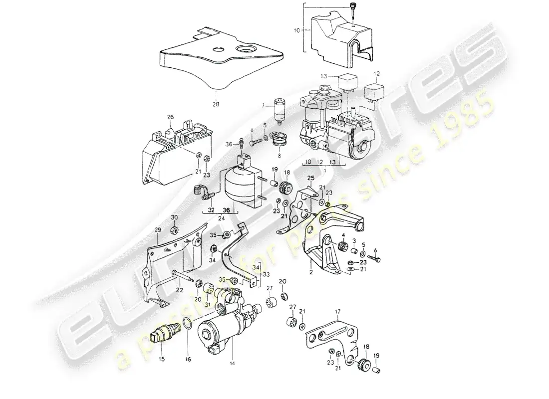 porsche 1990 (964) grupo hidráulico - sistema de freno antibloqueo -abs- - diagrama de piezas de control