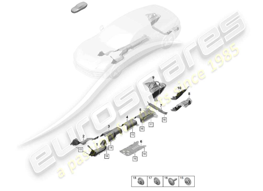 porsche 2026 (panamera 976) diagrama de piezas de los bajos del vehículo con aislamiento térmico