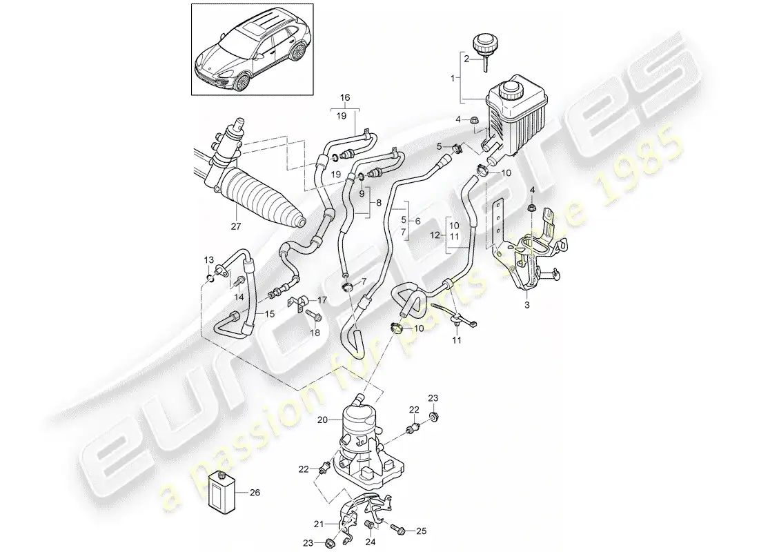 porsche 2013 (cayenne e2 92a) diagrama de piezas de la dirección asistida