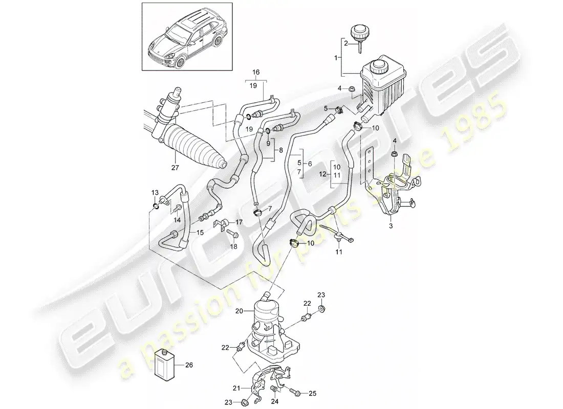 porsche 2013 (cayenne e2 92a) diagrama de piezas de la dirección asistida