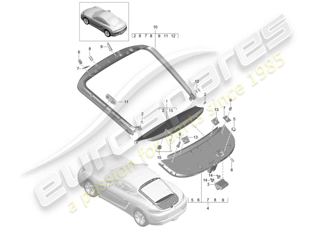 porsche 2021 (718 cayman) diagrama de piezas de la tapa trasera embellecedora