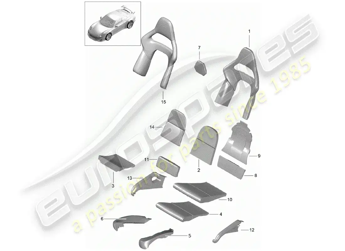 porsche 2018 (991-2 r/gt3/rs) parte de espuma diagrama de piezas
