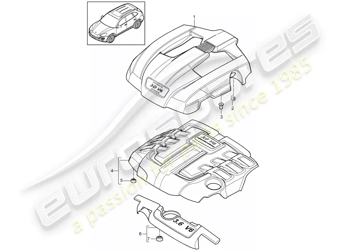porsche 2013 (cayenne e2 92a) diagrama de piezas de la cubierta del motor