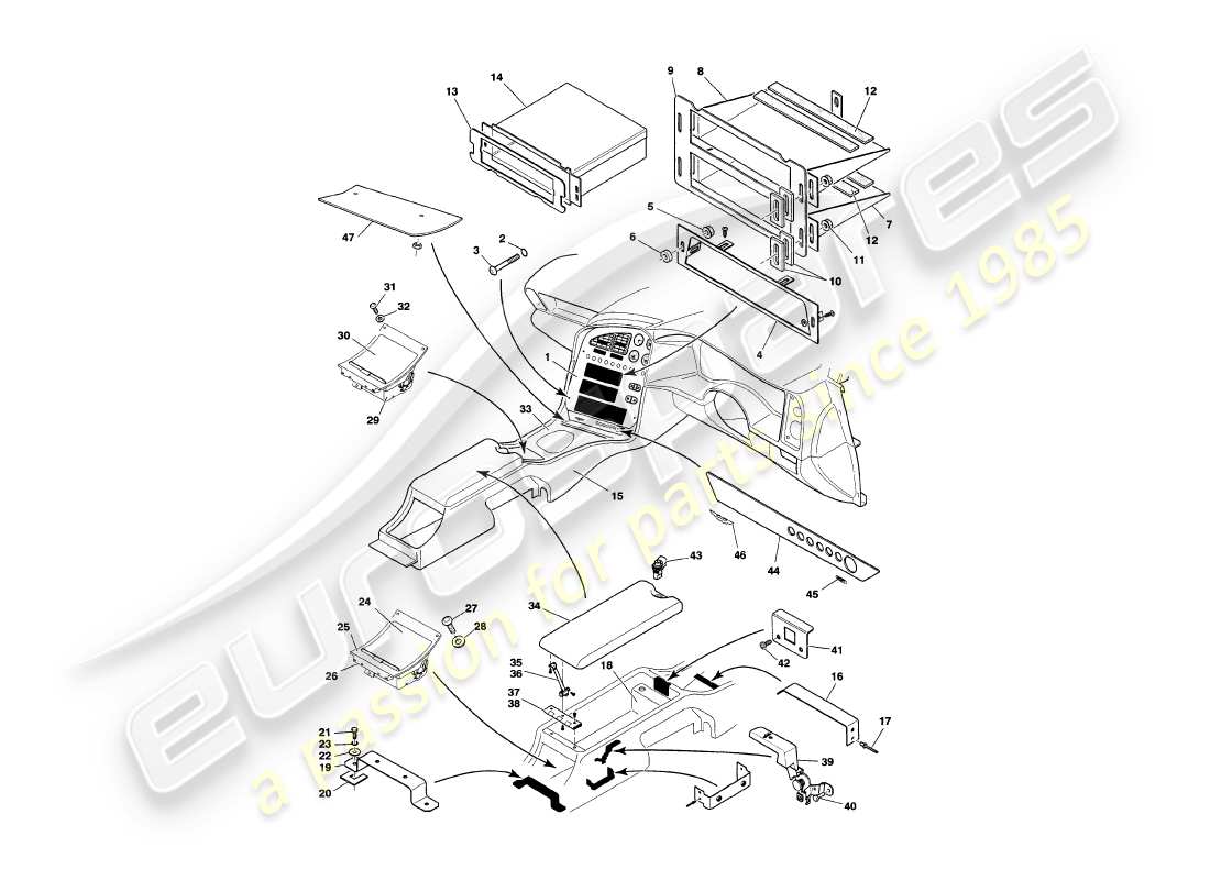 aston martin v8 volante (1997) diagrama de piezas de moldura y consola central