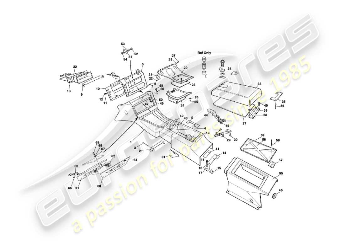 aston martin v8 coupe (2000) diagrama de piezas de moldura y consola central