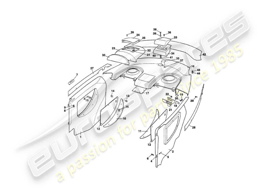 aston martin v8 coupe (2000) diagrama de piezas de moldura trasera