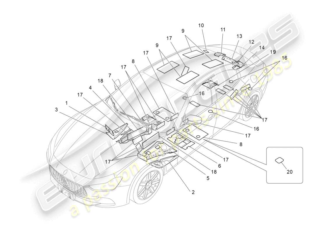 maserati ghibli (2018) paneles de insonorización en el interior del vehículo. diagrama de piezas.