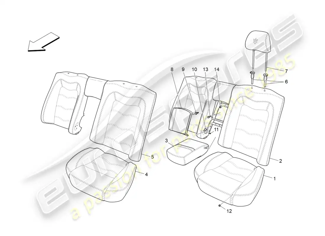 maserati granturismo (2014) asientos traseros: paneles acabados diagrama de piezas