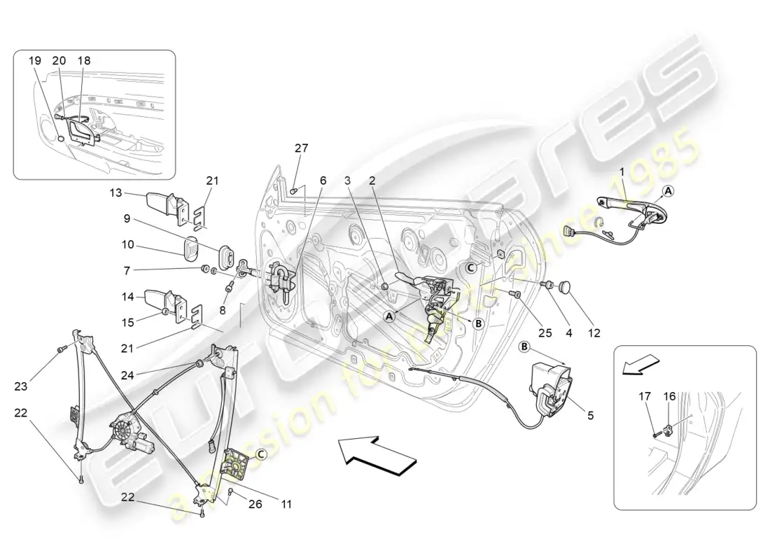 maserati granturismo (2012) puertas delanteras: mecanismos diagrama de piezas