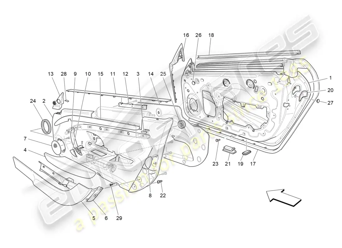 maserati granturismo (2012) puertas delanteras: paneles de acabado diagrama de piezas