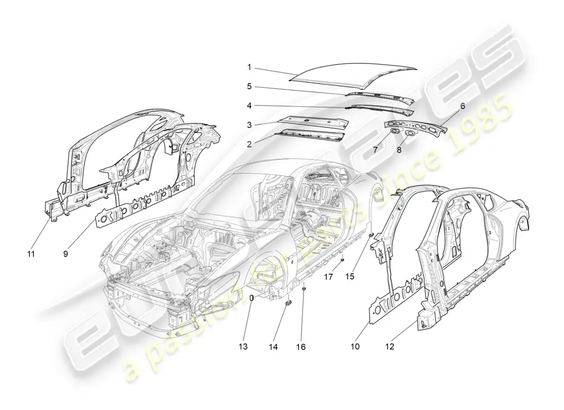 maserati granturismo (2012) carrocería y paneles exteriores centrales diagrama de piezas