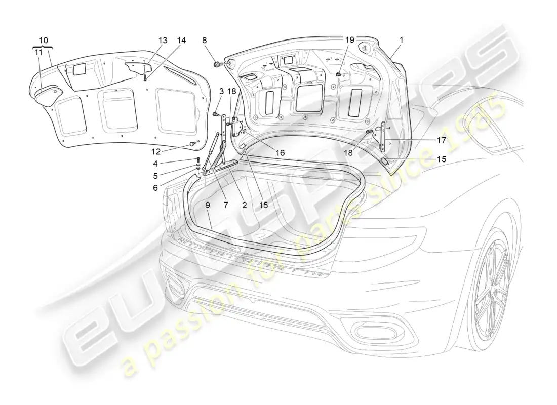maserati granturismo s (2018) rear lid diagrama de piezas