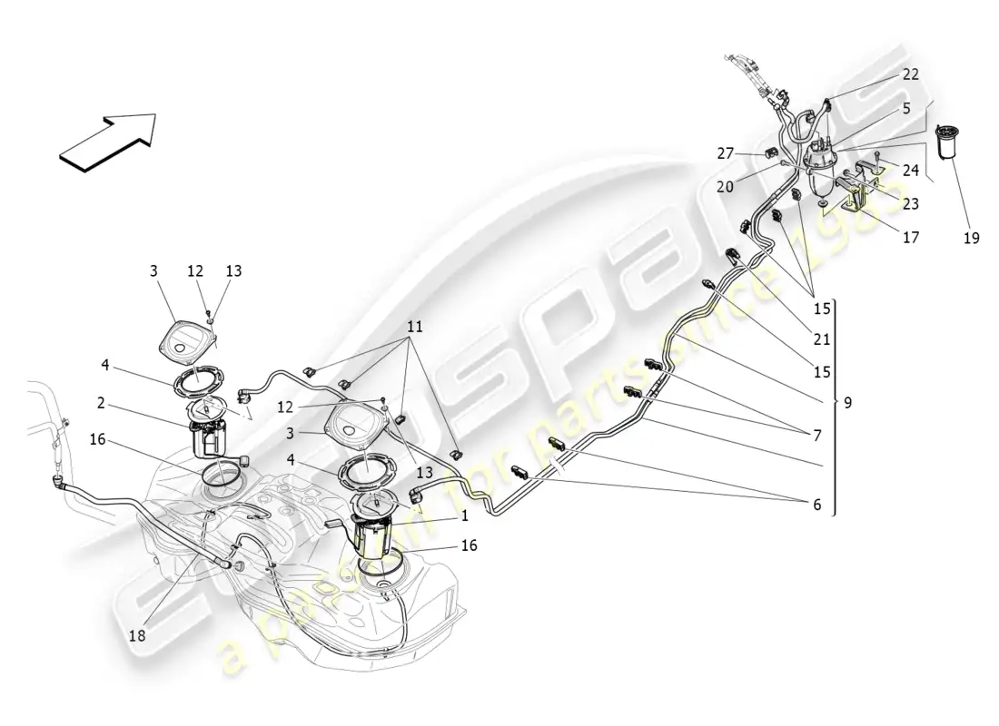 maserati qtp 3.0 tds v6 275hp (2015) diagrama de piezas de bombas de combustible y líneas de conexión