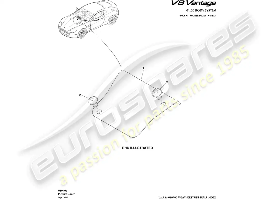 aston martin v8 vantage (2008) diagrama de piezas de la cubierta del pleno