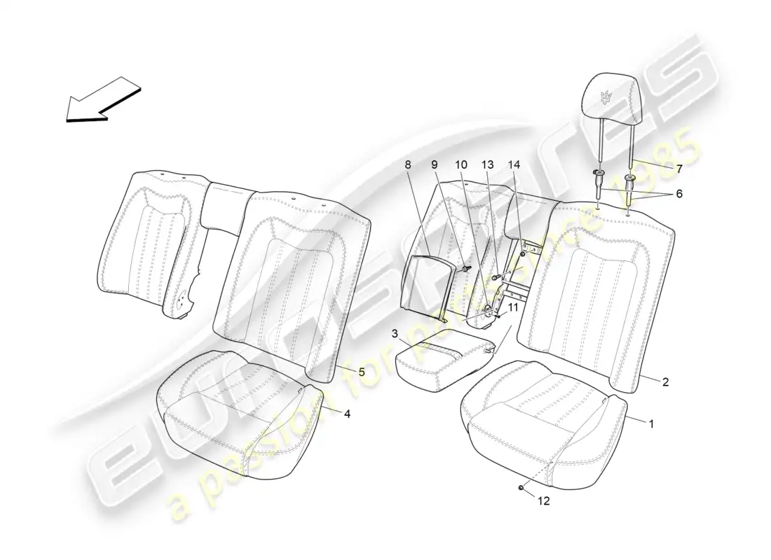 maserati granturismo (2009) asientos traseros: paneles acabados diagrama de piezas