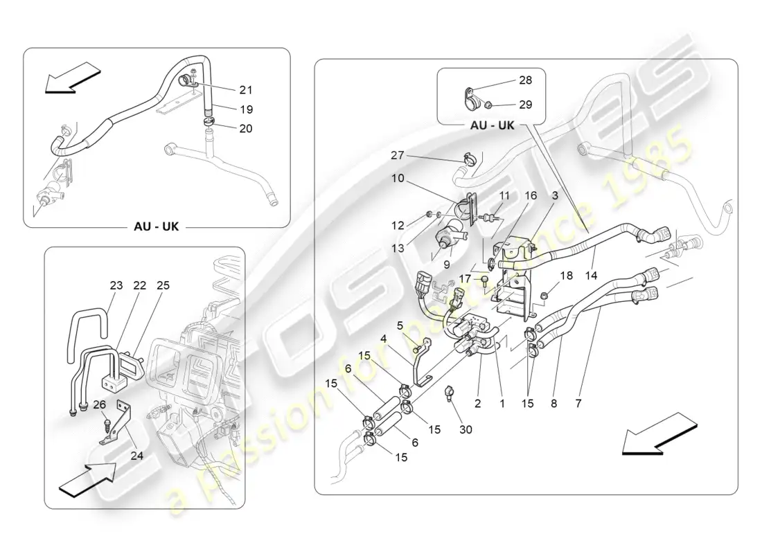 maserati granturismo (2009) unidad de a/c: dispositivos del compartimiento del motor diagrama de piezas