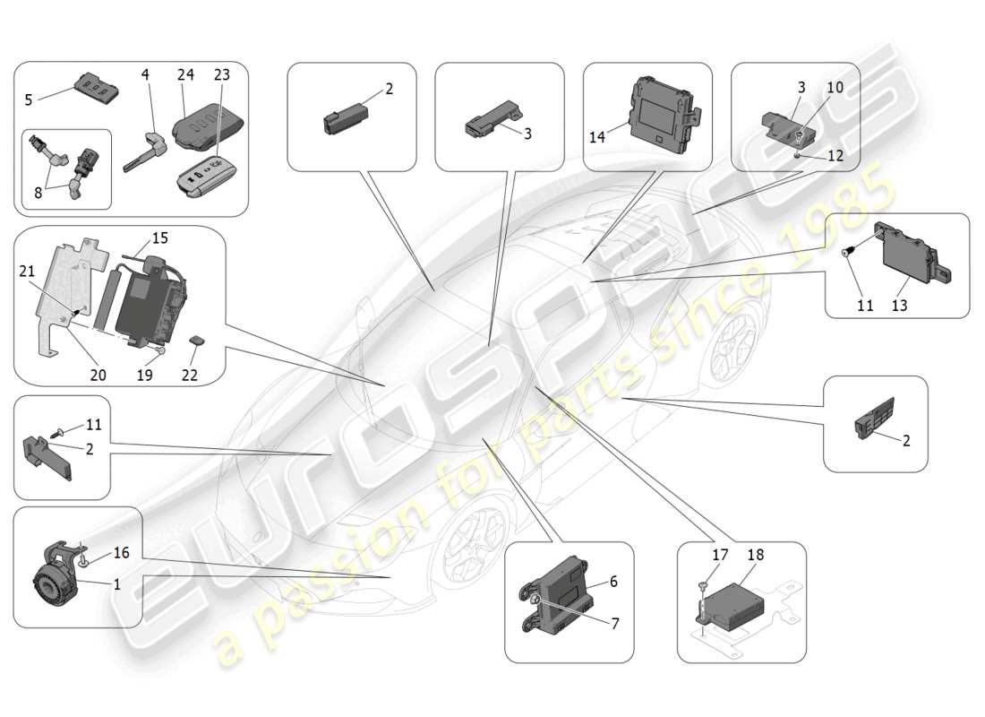 maserati mc20 (2023) diagrama de piezas del sistema de alarma e inmovilizador