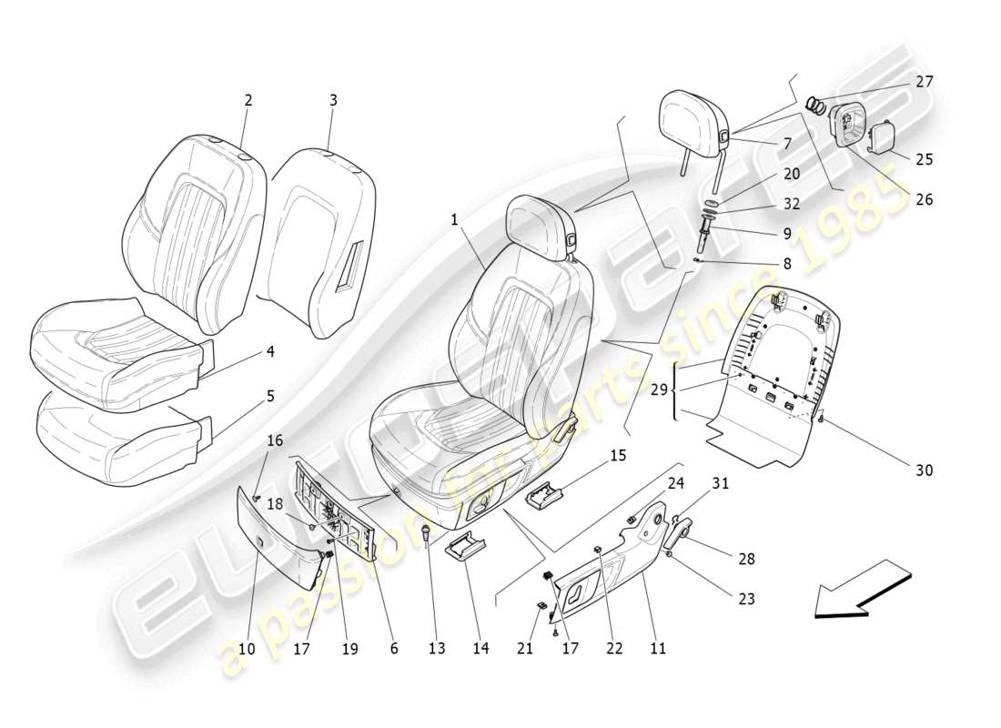 maserati ghibli (2017) asientos delanteros: diagrama de piezas de los paneles tapizados