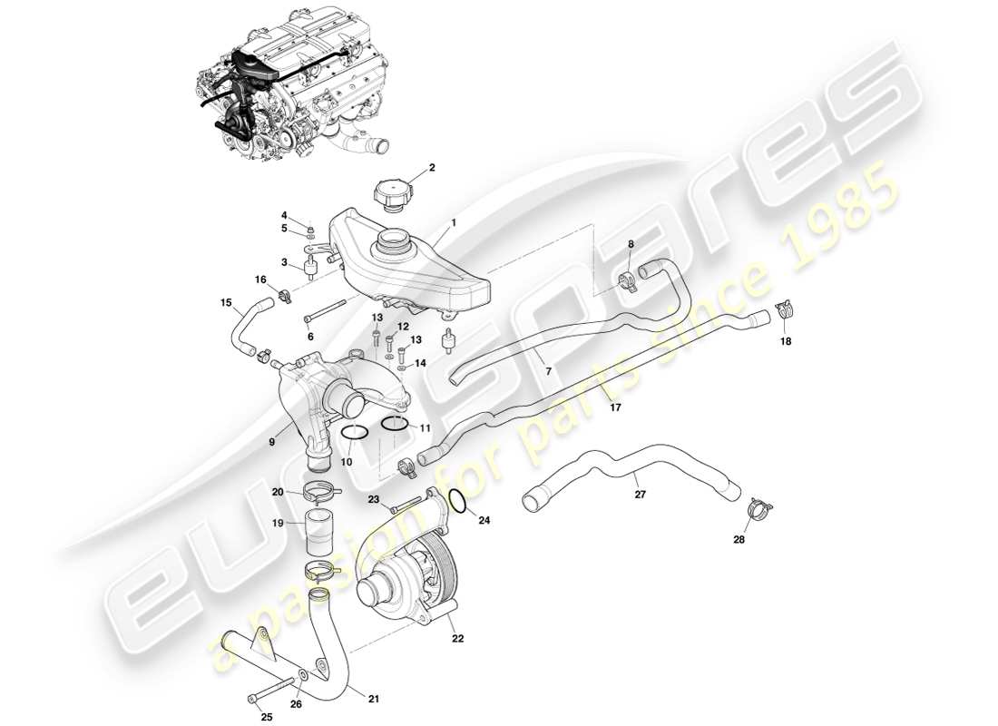 aston martin one-77 (2011) tanque de cabecera y bomba de agua diagrama de piezas